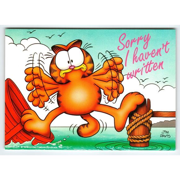 Vintage Garfield Postcard "Sorry I Haven't Written" Boat Dock Unused 1978 - Picture 1 of 2